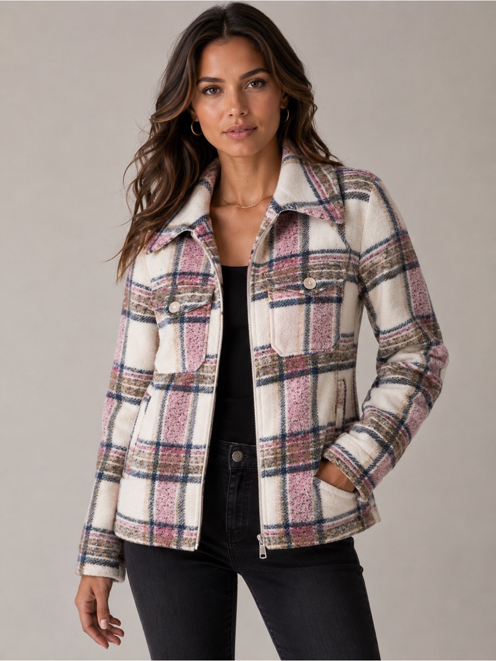 Avec les Filles Anthropologie Women's Plaid Full Zip Jacket Shacket Sz M